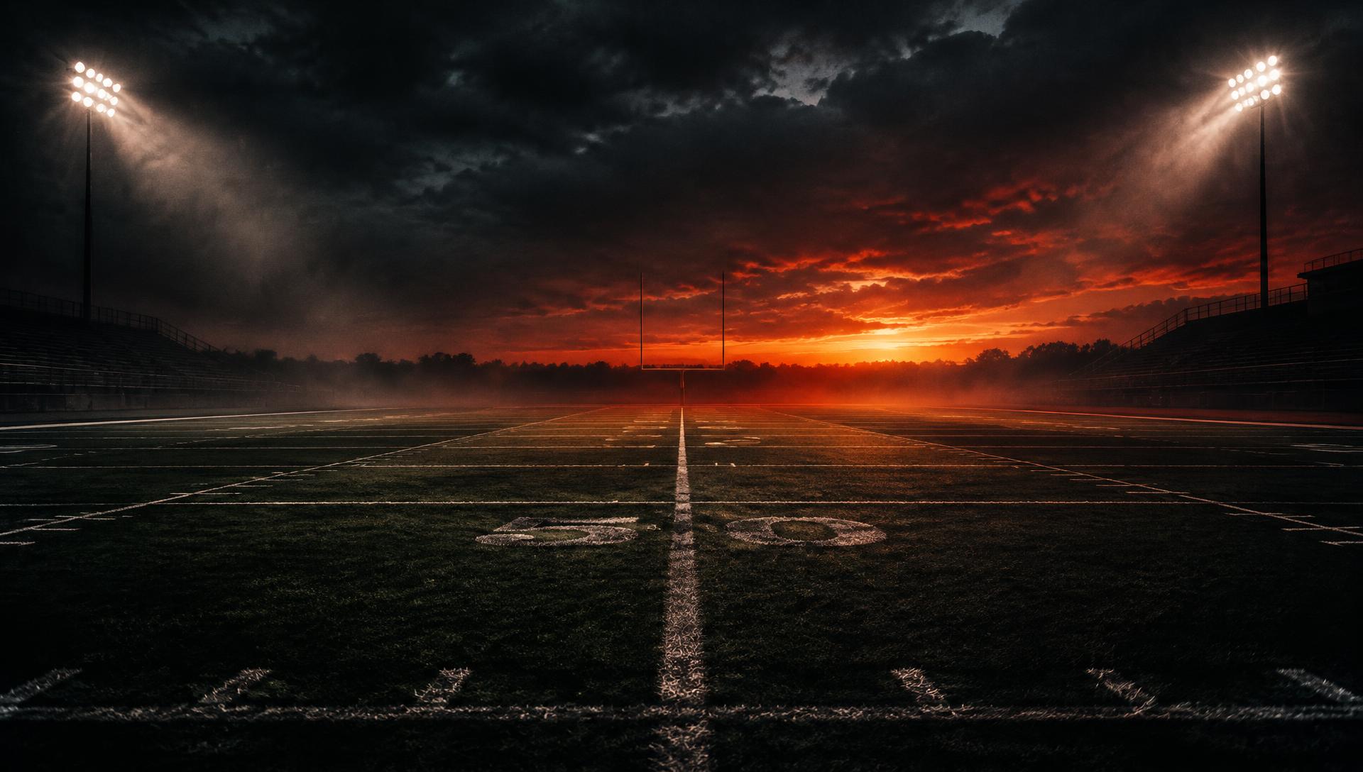 Empty football field under stadium lights at dusk